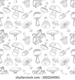Black outline mushrooms seamless pattern on white background. Hand drawing food vector illustration.