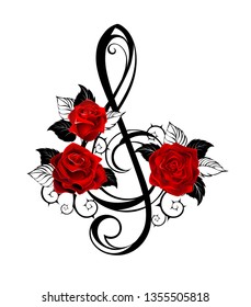 Black outline, musical key with realistic red roses with black leaves on white background. Tattoo style.