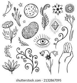 Schwarze Umrisse-Natur und magische Elemente einzeln auf weißem Hintergrund, Blumen- und Weltraum-Clipart-Kunst für Design, Tätowierung und Dekoration.