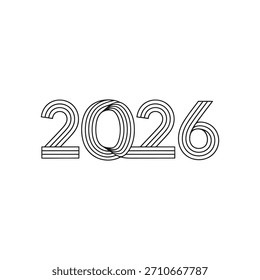 Números de contorno negro 2026 con líneas curvas paralelas que forman los dígitos sobre un fondo blanco.