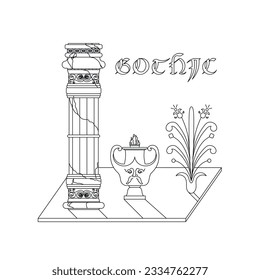 Black outline of objects on a table. Decorative column, candlestick and vase with flowers. Gothic. Greek. One line.