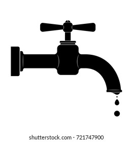 Black outline of an old faucet with a patella. Problems of saving drinking water. Turn off the water supply. Run a water supply