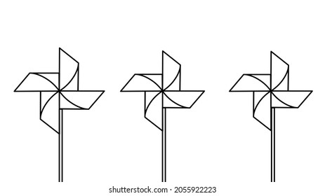 Black, outline only, vector illustration of windmill in set of three