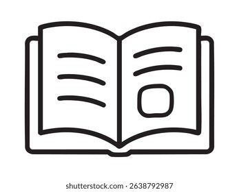 Black outline of an open book with visible text and symbol on white background, graphic illustration. concept of reading, literature, education, icon, design element.