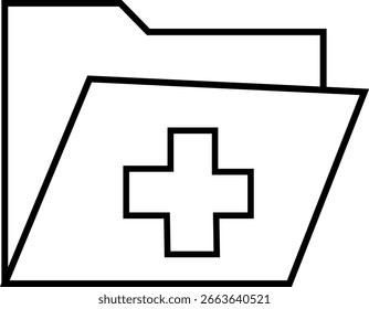 A black outline of an open folder containing a plus sign, presented on a white background. Scalable vector format suitable for print and digital media.