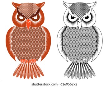 Black outline and orange owl stencil with round eyes isolated on the white background, vector illustration