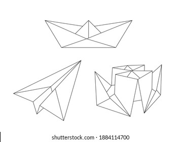 Black outline of origami shape: ship, boat and plane