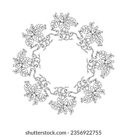 Black outline ornamental circular pattern on white background. Graphic drawing. Japanese pattern. Card template design. Vector illustration.