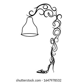 Black outline of ornamental table lamp in women's high heeled shoe isolated on white background, vector icon logo