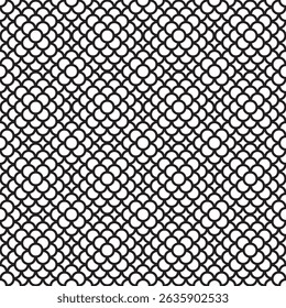 Black outline overlapping circles on white background. Vector square seamless geometric pattern or texture.