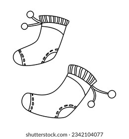 Black outline of pair of warm knitted children socks vector illustration. Doodle of child present or accessory for winter isolated on white background. Fashion, charity, Christmas, winter concept