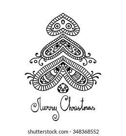 Black outline paisley merry christmas tree, hand drawn vector illustration with lettering