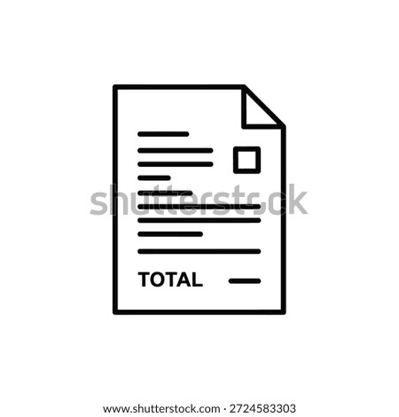 Black outline paper document with text total and checkmark square, simple finance record isolated on transparent grid