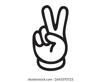 Black outline peace sign hand gesture icon isolated on white background. Concept of victory symbol, two fingers, friendly communication, positive message, human gesture, vector illustration.