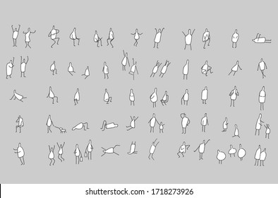 Black outline of people fill with white isolated on grey background, sketch activity in many actions2