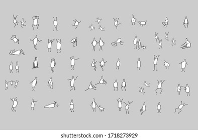 Black outline of people fill with white isolated on grey background, sketch activity in many actions1
