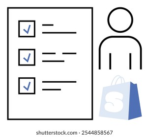 Black outline of a person along with a checklist featuring three tasks marked with blue check marks, next to a shopping bag marked with an S ideal for task management productivity shopping