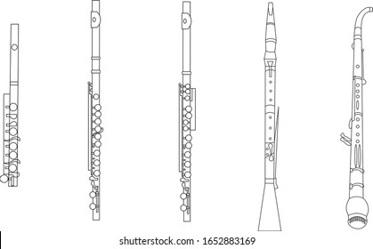 Black outline piccolo, flute, alto flute, oboe and English horn on white background. Musical instruments for template or art school dictionary illustration