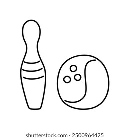 Black outline of a pin and a bowling ball drawn by hand. Sports icon on a bowling theme on a transparent background.