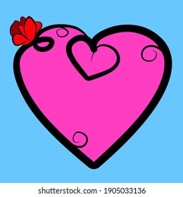 black outline pink love ornament and red flower, cute heart icon illustration light blue background print valentines day greeting card. posters, banners.