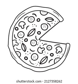 Black outline pizza icon. Doodle silhouette of italian meal. Hand drawn fast food drawing. Vector illustration
