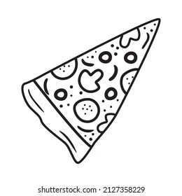 Icono de pizarra de pizzas de contorno negro. Silueta de doodle de comida italiana. Dibujo manual de comida rápida. Ilustración del vector