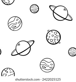 Black outline planets on dark blue background vector seamless pattern. Wallpaper, print, fabric, textile, wrapping paper, packaging design. Line art