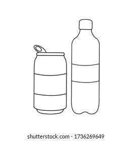 esquema negro plástico El símbolo de botella de agua o soda y la bebida de energía carbonatada de línea pueden aislar el diseño plano de cola o de icono de jugo. dos recipientes limpios simple líquido y bebida sobre fondo blanco