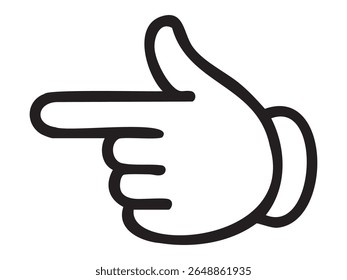 Black outline pointing left hand gesture icon isolated on white background. Concept of direction sign, finger pointing gesture, instruction or navigation symbol, human communication, illustration.
