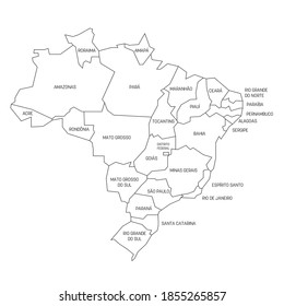 Black outline political map of Brazil. Administrative divisions - states. Simple vector map with labels.