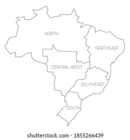 Black outline political map of Brazil. States divide by color into 5 regions . Simple vector map with labels.