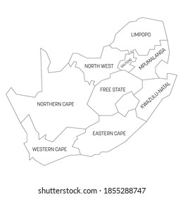 Black outline political map of South Africa, RSA. Administrative divisions - provinces. Simple vector map with labels.