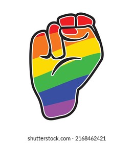 A black outline power fist in LGBTQ rainbow colors isolated on a white background