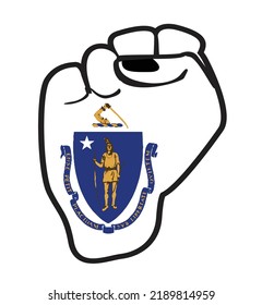 A black outline power fist over the Massachusetts state flag icons isolated on a white background