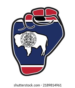 A black outline power fist over the Wyoming state flag icons isolated on a white background