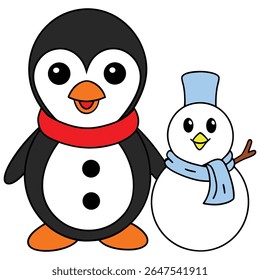 Um esboço preto de pinguim feliz imprimível construindo um boneco de neve