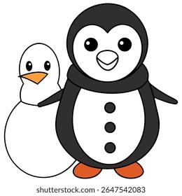 Um esboço preto de pinguim feliz imprimível construindo um boneco de neve A