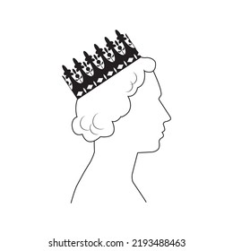Black outline profile of Queen with the crown on white background. Side view of woman.