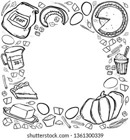 black outline pumpkin pie and ingredients for cooking on white background