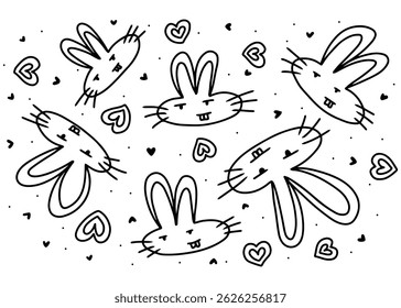 Black outline rabbit and love doodle pattern. easy to edit, cute, simple, fabric, wrapping paper, background