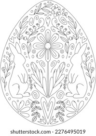 Black outline rabbits and flowers in Easter egg. Scandinavian rustic illustration for coloring page