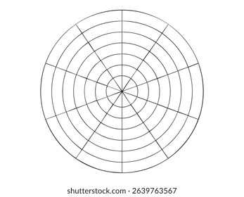 Black outline radar chart template with concentric circles and radial lines on white background. data visualization, target diagram, analysis grid, circular chart layout, Circular bullseye target.