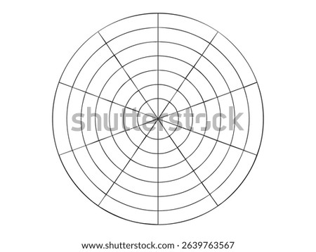 Black outline radar chart template with concentric circles and radial lines on white background. data visualization, target diagram, analysis grid, circular chart layout, Circular bullseye target.