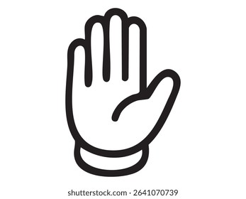 Black outline raised open hand gesture icon isolated on white background. Concept of stop signal, greeting gesture, attention request, peaceful symbol, human communication, illustration.
