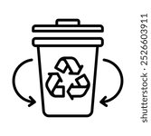 Black outline recycling bin icon with circular arrows, symbolizing reuse, reduce, and sustainability in waste management. Editable stroke.