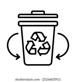 Icono de papelera de reciclaje de contorno negro con flechas circulares, que simboliza la reutilización, la reducción y la sostenibilidad en la gestión de residuos. Trazo editable.