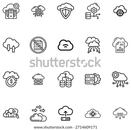 Black outline representing various cloud computing concepts and services white