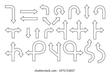 Black outline road sign. Contour icon navigation or direction way. Rounded arrow. Design template of various pointer, traffic turn, branching, double cursor. Driving arrow Isolated vector illustration