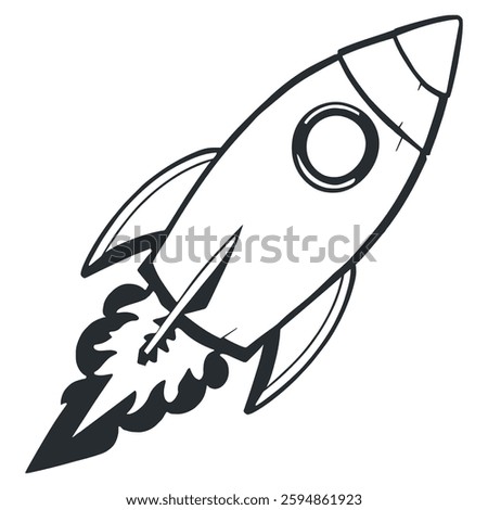 Black outline of a Rocketship blasting off into space.