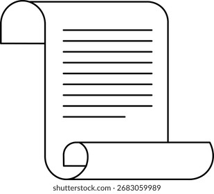 Esquema negro de un documento enrollado con líneas de texto y papel de desplazamiento